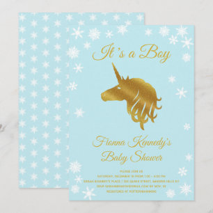 Blue It's a Boy Unicorn Winter Baby Shower Invitation