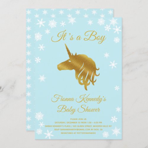 Blue Its a Boy Unicorn Winter Baby Shower Invitation