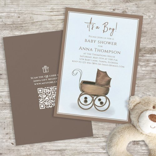 Blue Its A Boy Vintage Carriage Gift Registry  Invitation