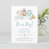 Blue It's a Boy Vintage Toys Rustic Baby Shower Invitation (Standing Front)