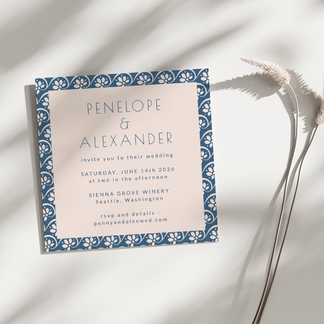 Blue Ivory Beautiful Botanical Square Wedding Invitation (Creator Uploaded)