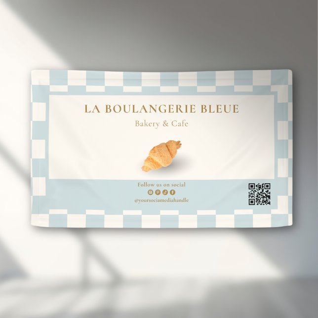 Blue Ivory Checker Croissant QR Bakery Marketing Banner (Creator Uploaded)