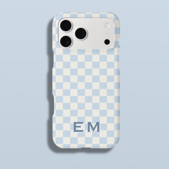 Blue Ivory Coastal Checkerboard Checker Initial iPhone Case (Soft Sky Blue Checker Chess Board Phone Case with Custom Initials)
