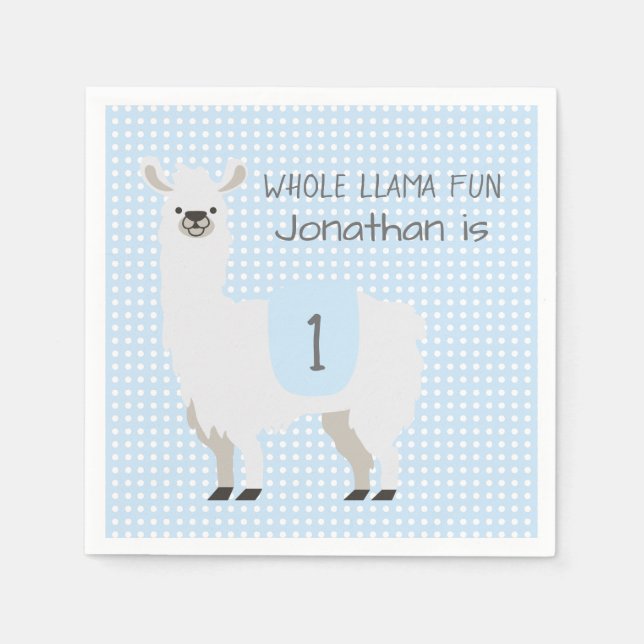 Blue & Ivory Cute Llama Kid 1st Birthday Napkins (Front)