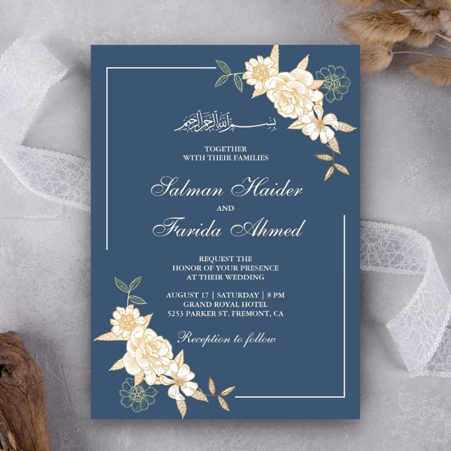 Blue Ivory Floral Leaves Branch Muslim Wedding Invitation (Creator Uploaded)
