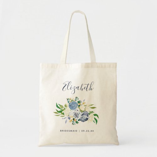 Blue Ivory Floral Personalized Bridesmaid Tote Bag