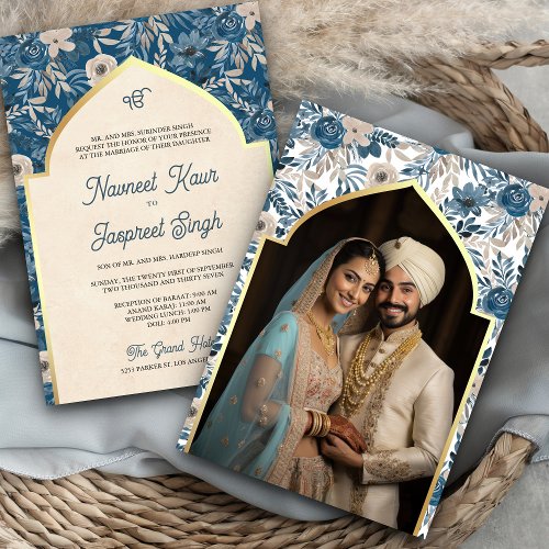 Blue Ivory Floral Photo Anand Karaj Sikh Wedding Invitation