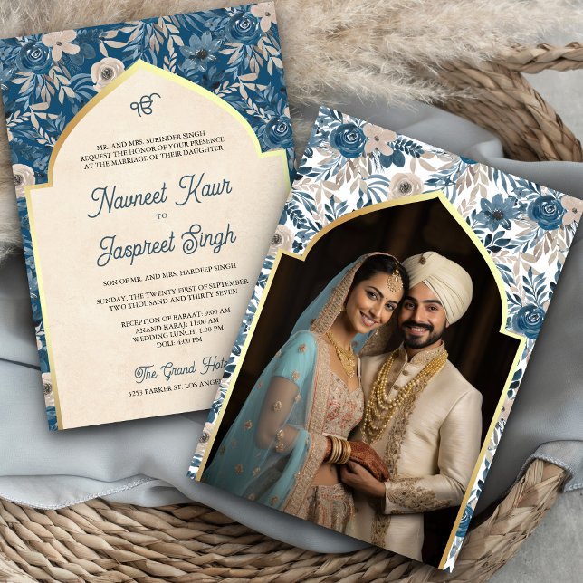Blue Ivory Floral Photo Anand Karaj Sikh Wedding Invitation (Creator Uploaded)
