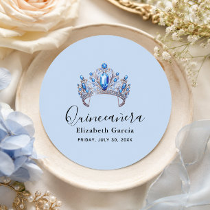 Blue & Ivory Floral Quinceañera Classic Round Sticker
