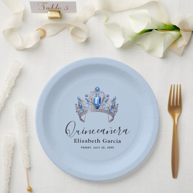 Blue & Ivory Floral Quinceañera Paper Plates (Wedding)