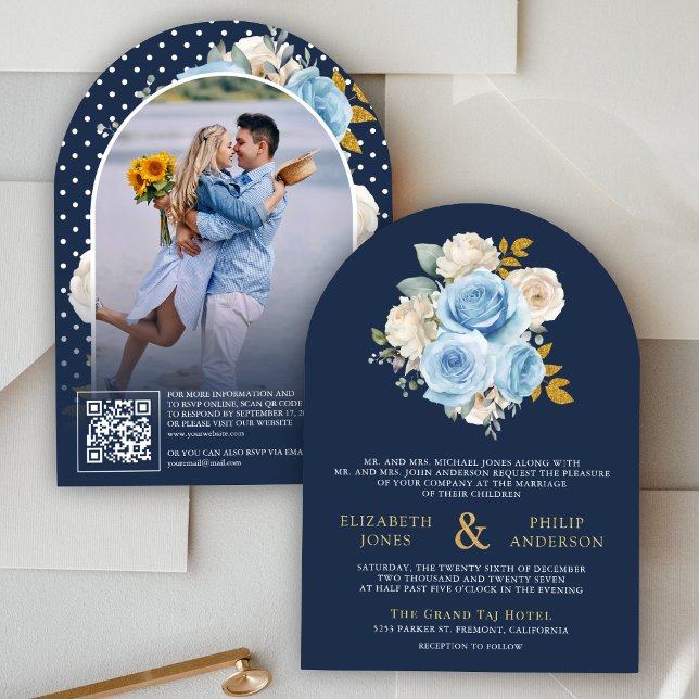 Blue Ivory Floral Roses QR Code Photo Navy Wedding Invitation (Creator Uploaded)