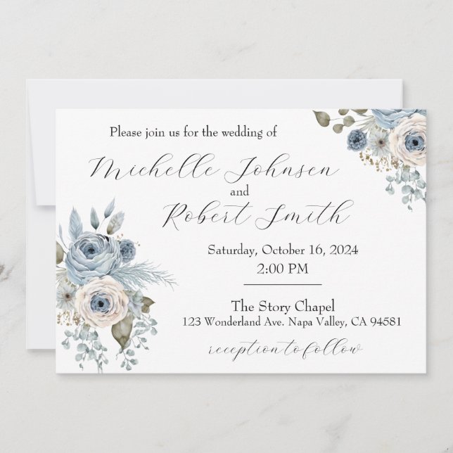 Blue & Ivory Floral Wedding Invitation (Front)