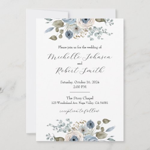 Blue  Ivory Floral Wedding Invitation
