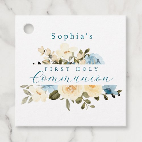 Blue Ivory Flowers Greenery First Holy Communion Favor Tags