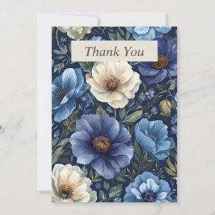 Blue & Ivory Flowers on Navy Blue Thank You Card