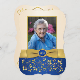 Blue, Ivory, Gold 65th Photo Birthday Invitation