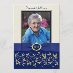 Blue, Ivory, Gold 75th Photo Birthday Invitation