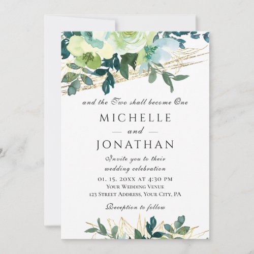 Blue Ivory Gold Floral Greenery Christian Wedding Invitation