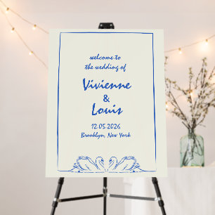 Blue & Ivory Hand Drawn Swan Wedding Welcome Sign