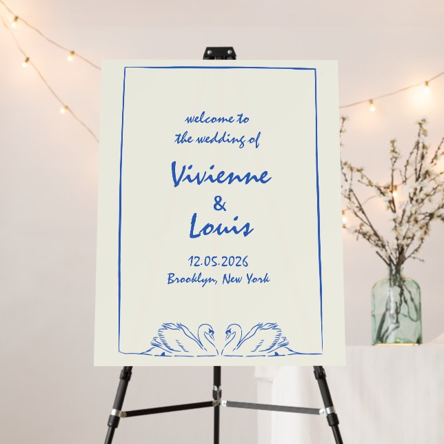Blue & Ivory Hand Drawn Swan Wedding Welcome Sign (In Situ (Stand))