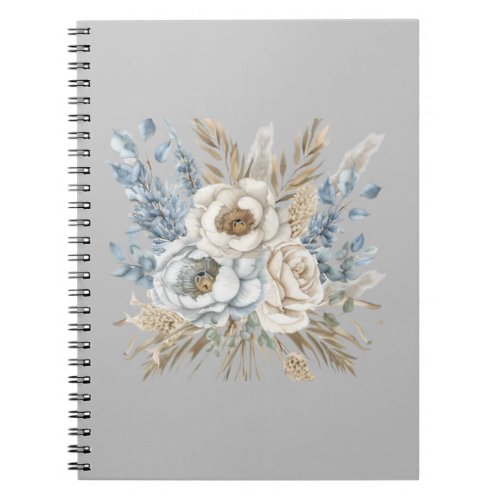 Blue  ivory peonies roses  pampas notebook