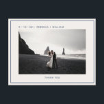 Blue Ivory Photo Wedding Thank You Postcard<br><div class="desc">Personalized simple navy blue Stylish Modern Cool ivory Photo Wedding Thank You Photo Postcards featuring elegant and minimalist sans-serif font, custom photo, couple names, sender's address, wedding date and location, website link for invitation to follow, fully customizable background and a bold, cool graphic black border (optional). Customize your thank you...</div>