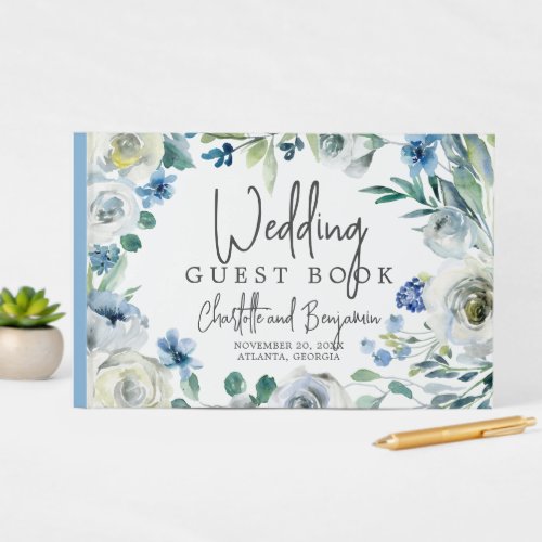 Blue Ivory Spring Watercolor Floral Chic Wedding Guest Book