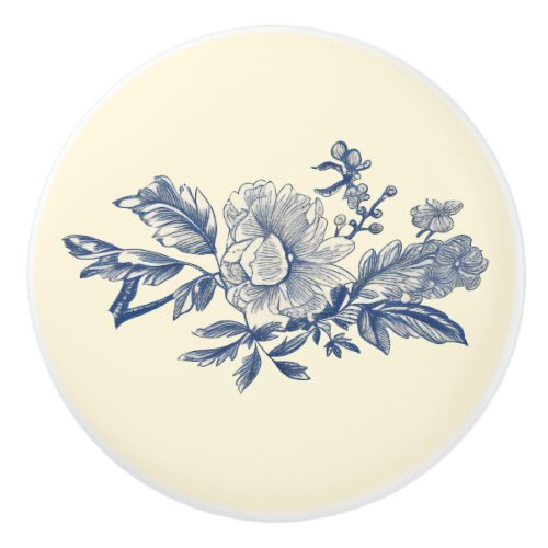 Blue Ivory Toile Peony Detail Ceramic Knob