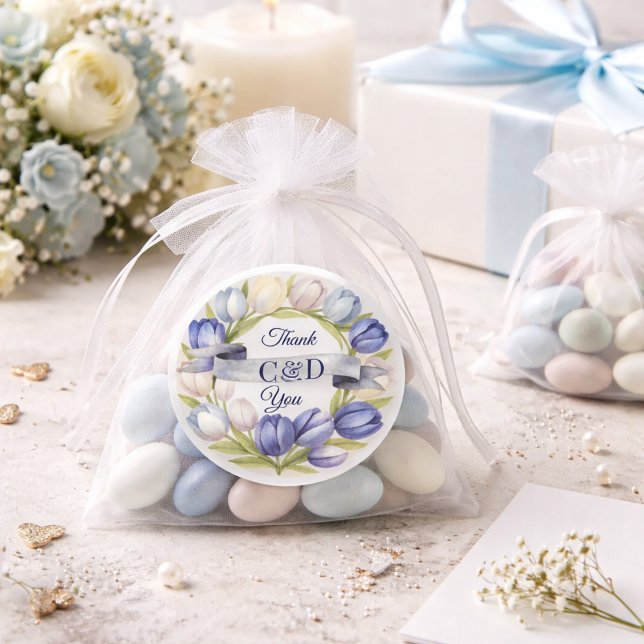 Blue  Ivory Tulip Wedding Thank You Favor Label (Creator Uploaded)