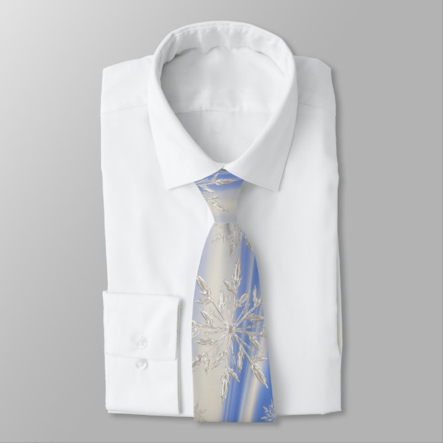 Blue & Ivory Winter Snow and Ice Snowflake Swirl Neck Tie (Tied)