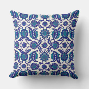 Blue Iznik Floral Pattern Throw Pillow