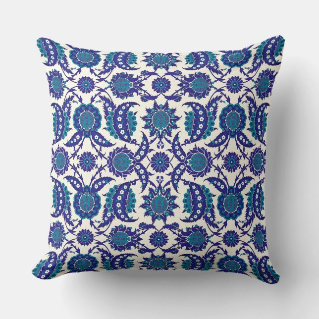 Blue Iznik Floral Pattern Throw Pillow (Front)