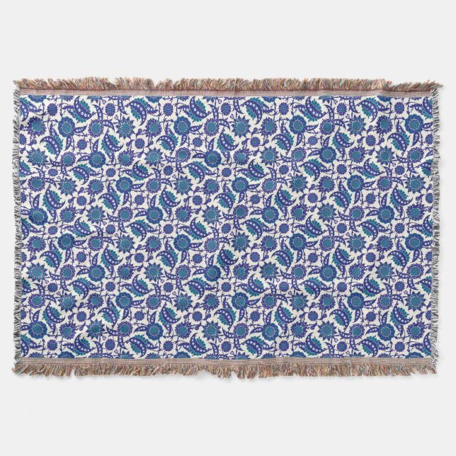 Blue Iznik Flower Pattern Throw Blanket (Front)
