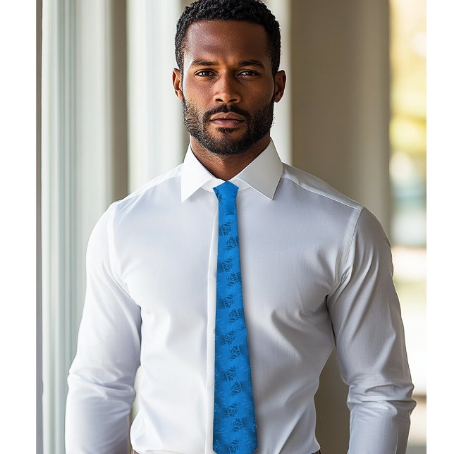 Blue Jacquard Satin Elegant  Neck Tie (Man wearing blue tie)