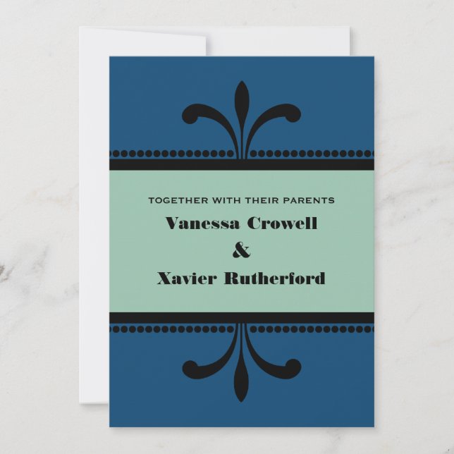 Blue/Jade Fancy Art Deco Wedding Invite (Front)