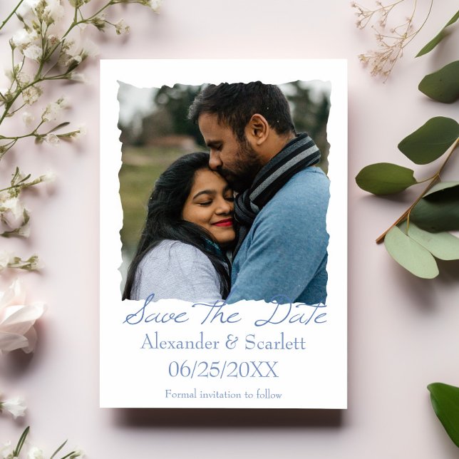 Blue Jagged Frame Photo Save The Date Announcement (Blue Jagged Frame Photo Save the Date)