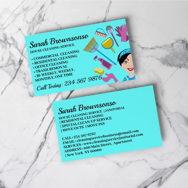 Blue Janitor Woman Cartoon House Cleaning Business Card