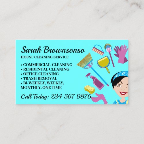 Blue Janitor Woman Cartoon House Cleaning Business Card