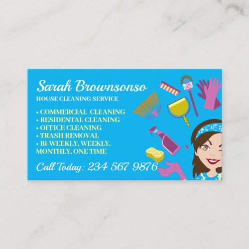 Blue Janitorial cleaning repair maintenance Lady Business Card