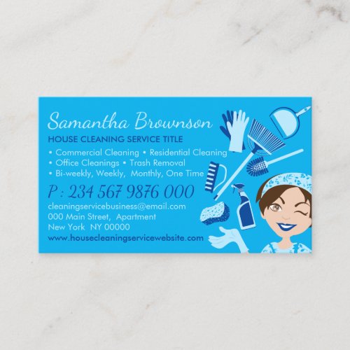Blue Janitorial Lady Girl Cleaning Appointment Business Card