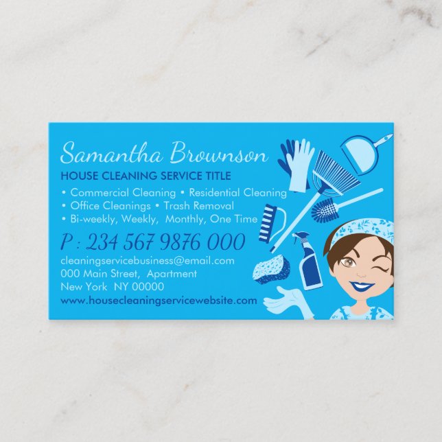 Blue Janitorial Lady Girl Cleaning Appointment Business Card (Front)