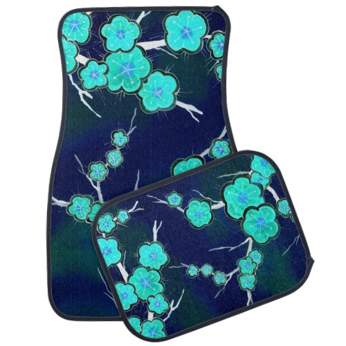 Blue Japanese Cherry Blossoms Night Car Floor Mat