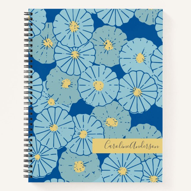Blue Japanese Floral Illustration Personalized Notebook (Front)