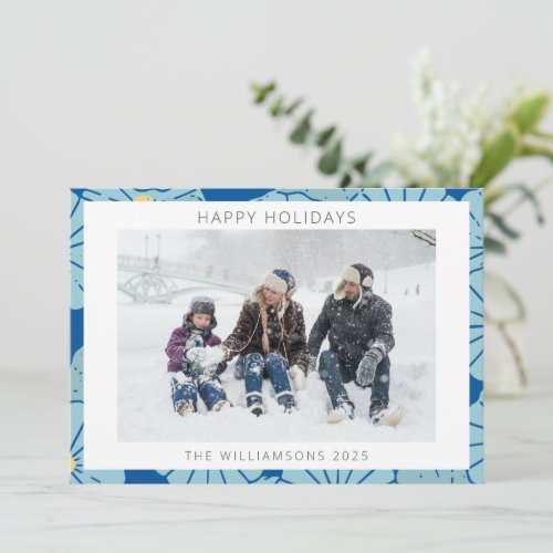 Blue Japanese Floral Pattern Custom Photo  Holiday Card