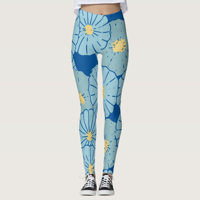 Blue Japanese Floral Pattern Illustration Leggings (Front)