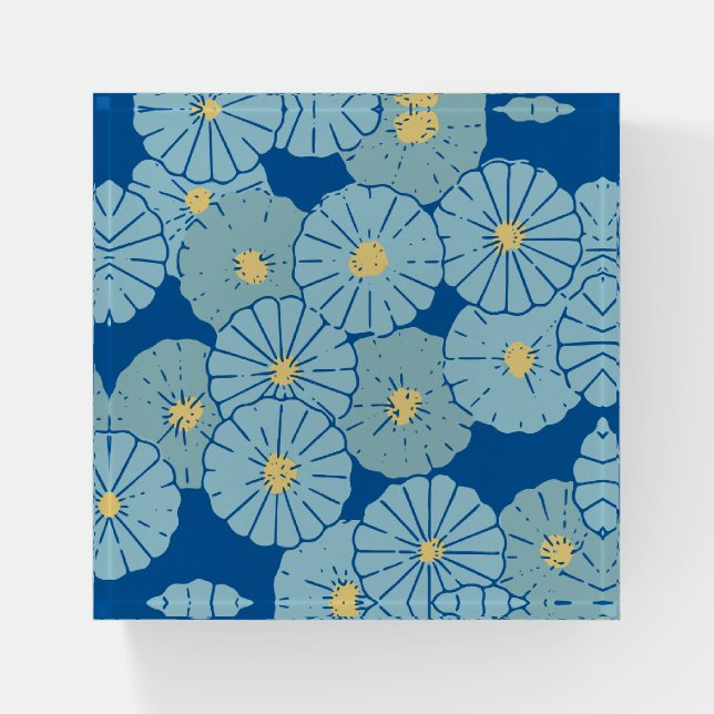 Blue Japanese Floral Pattern Illustration Paperweight (Front)