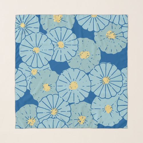 Blue Japanese Floral Pattern Illustration Scarf