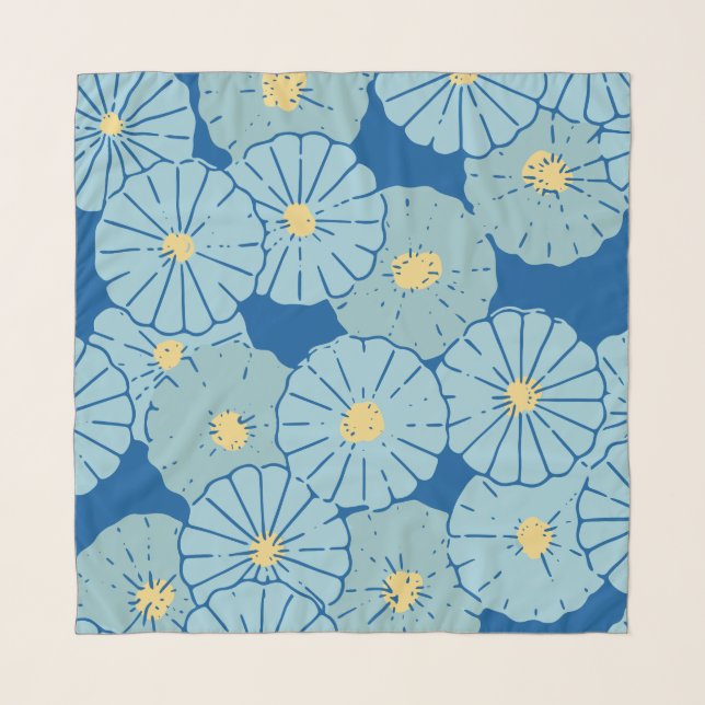 Blue Japanese Floral Pattern Illustration Scarf (Front)