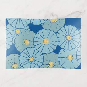 Blue Japanese Floral Pattern Illustration Trinket Tray