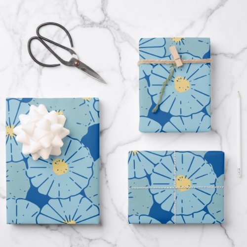 Blue Japanese Floral Pattern Illustration  Wrapping Paper Sheets